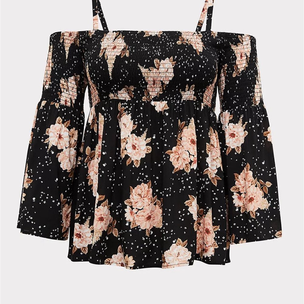 Torrid Floral Challis Cold Shoulder Blouse Black Top Smocked Size 4 4X H13469 - Picture 11 of 11